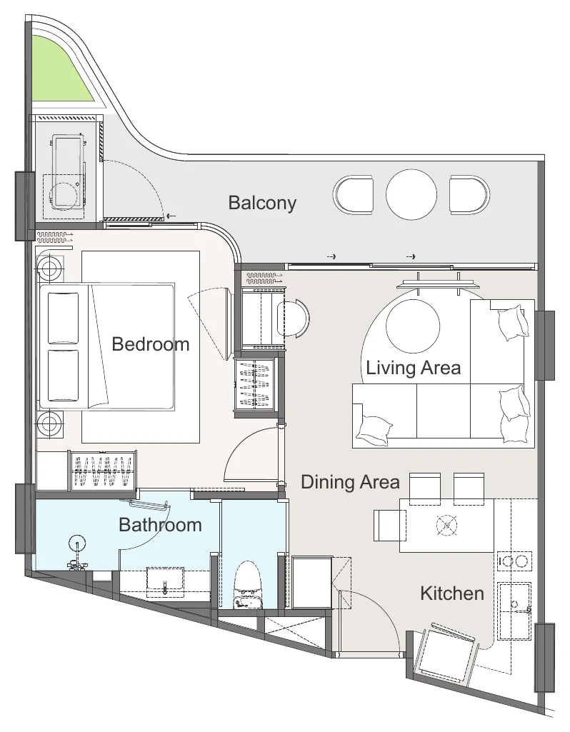 1B plan: living room with kitchen, bedroom, bathroom and balcony