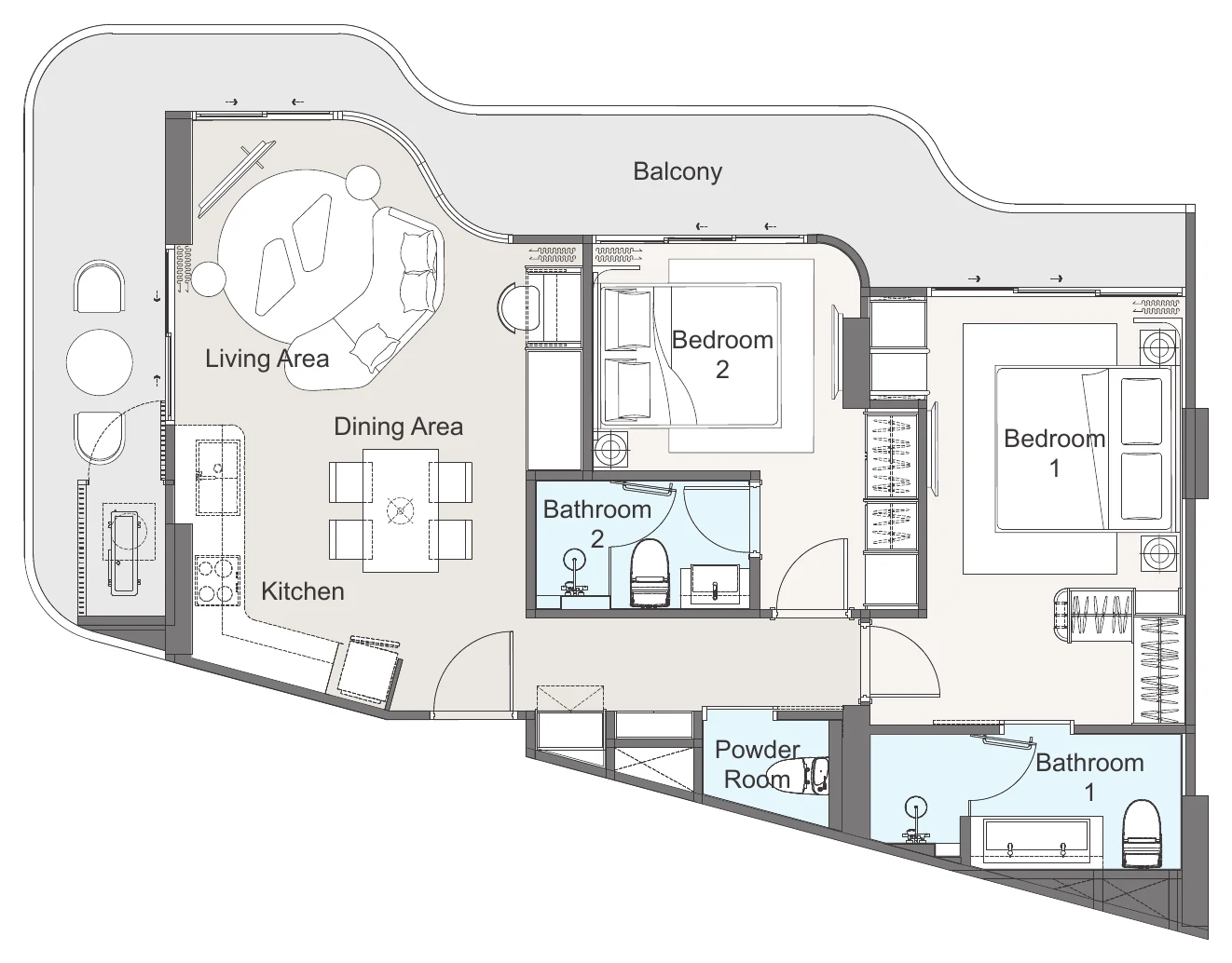 2F plan: two en-suite bedrooms, powder room, living room with kitchen and balcony