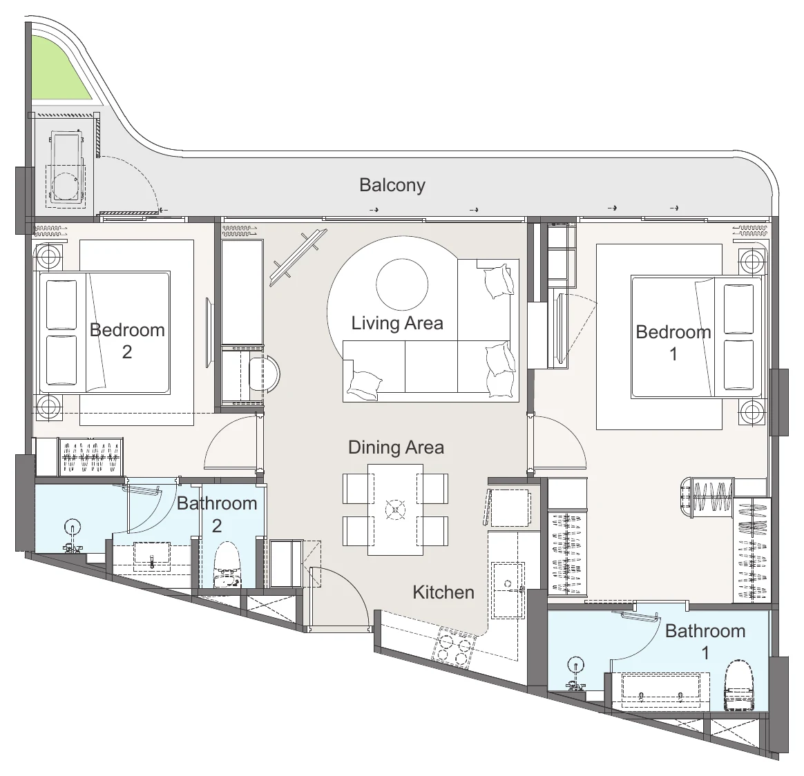 2G plan: two bedrooms, two bathrooms, living room with kitchen and balcony