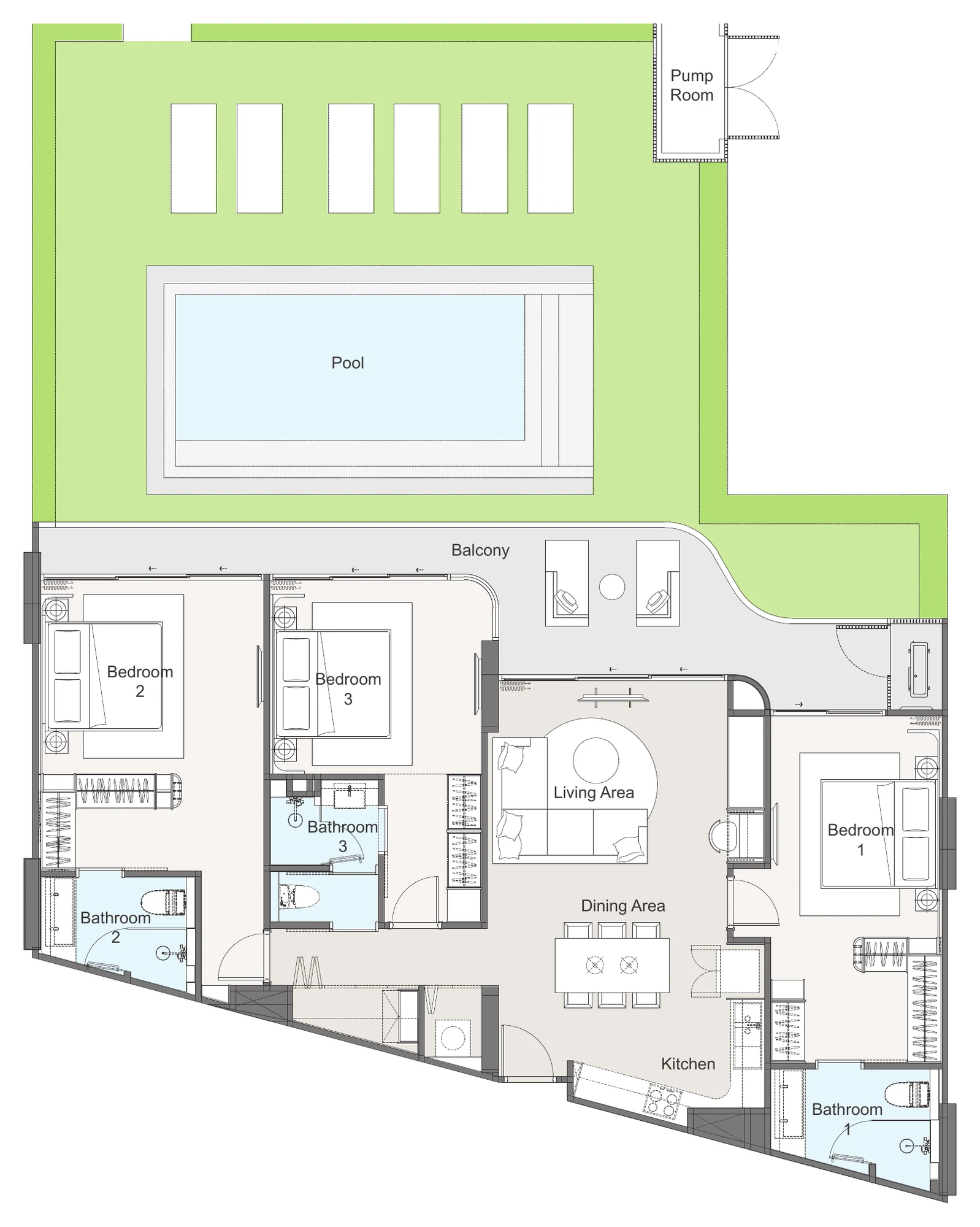 แปลน 3A Garden: 3 ห้องนอน ห้องนั่งเล่น เทอร์เรซสวน และสระส่วนตัว