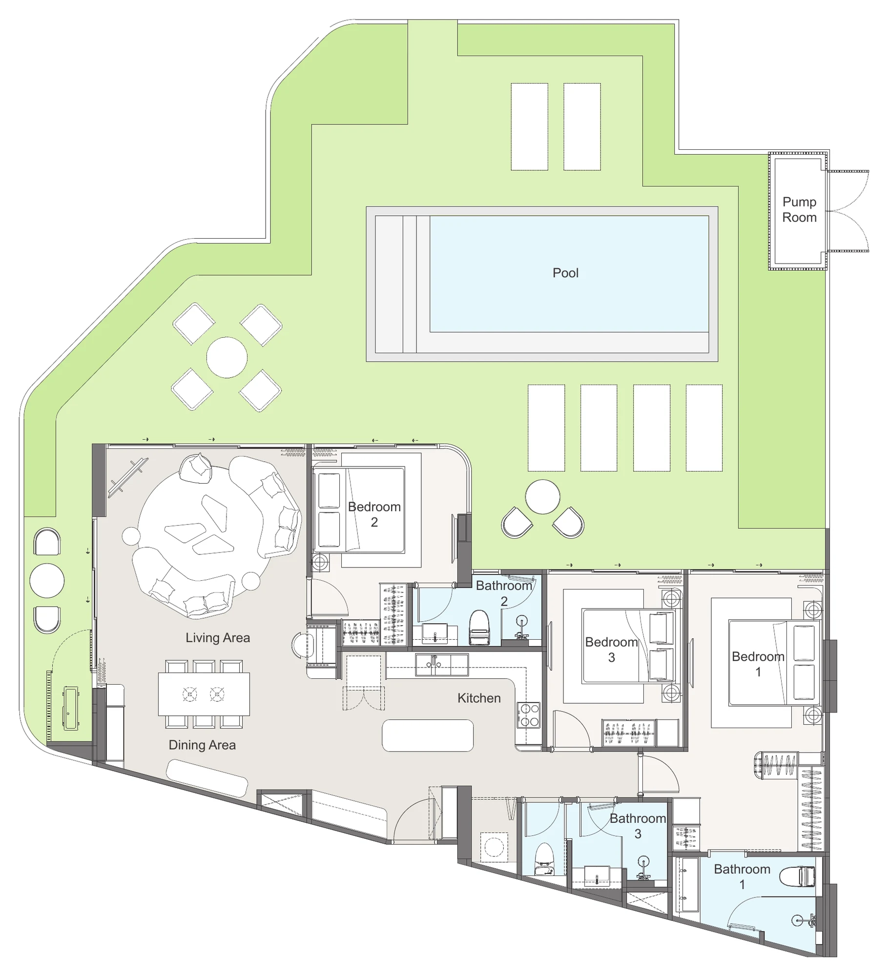 แปลน 3G Garden: 3 ห้องนอน ห้องนั่งเล่น เทอร์เรซสวน และสระส่วนตัว