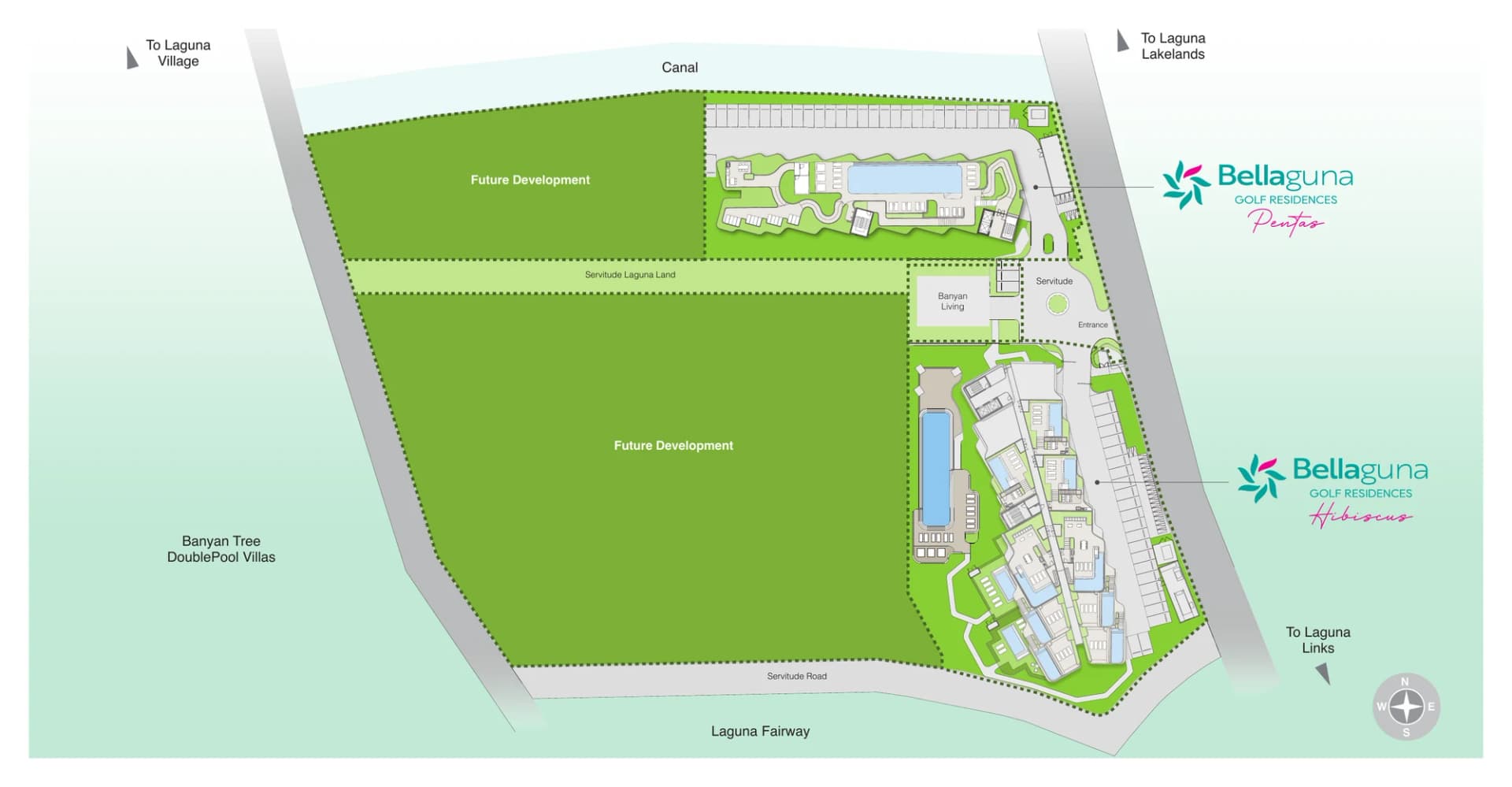 ผังโครงการ: Pentas ริมคลองทางเหนือ Hibiscus ทางใต้ติดแฟร์เวย์ของ Laguna โดยมี Banyan Living และทางเข้าอยู่ระหว่างอาคารทั้งสอง